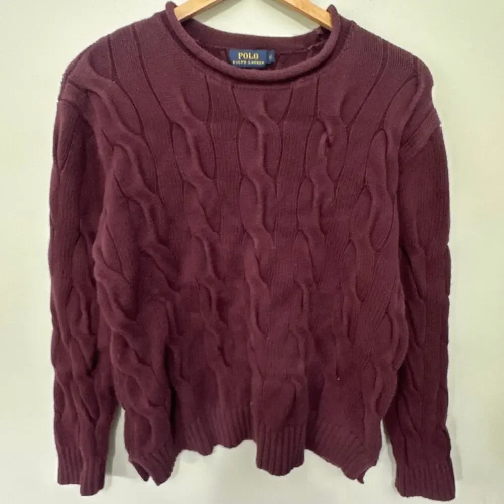 Polo Ralph Lauren Sweater Womens Burgundy Roll Neck Chunky Cable Knit Fisherman